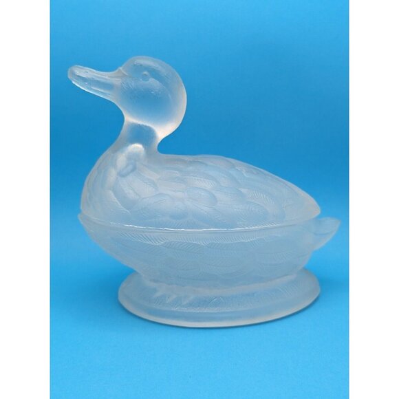 French Portieux Vallerysthal Frosted Duck Trinket Glass Dish 2 Pc. VTG Rare Mint - Picture 2 of 12